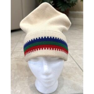 VTG Wigwam Beige Stripe Virgin Wool Winter Hat Beanie USA Retro Ski Apres 70s